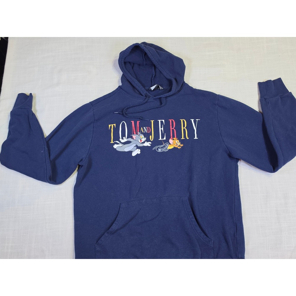 Tom and Jerry Navy Blue Graphic Hoodie Sweatshirt Mens Large Cartoon Fleece